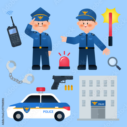 Police Officer and Patrol Car Illustration Set with Uniform and Accessories