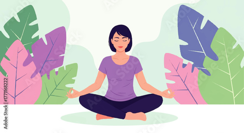 Serene woman meditating in lotus position with colorful tropical leaves in background