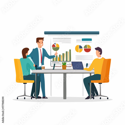 Business meeting with presentation of charts and graphs to colleagues.