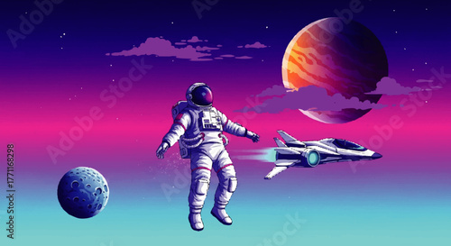 Astronaut in spacesuit floating near spacecraft and planets in a vibrant, gradient galaxy background