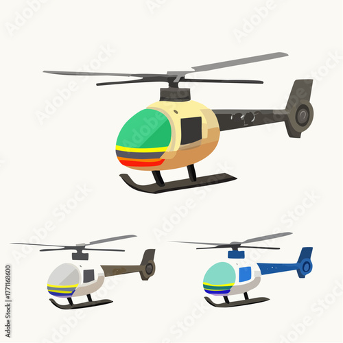 Three Cartoon Helicopters with Different Color Schemes and Design Elements.