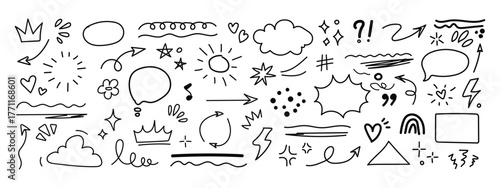 Collection of hand drawn doodle arrows speech bubbles shapes and abstract elements on white background