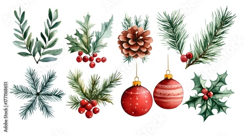 Merry Christmas watercolor set of traditional decor and elements. Elements of a Christmas mood on a white background.