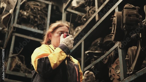 One Hispanic mature female inspector remotely works with walkie-talkie, checks auto spare parts stock in warehouse stack, operates jobs in manufacturing factory, and industrial worker occupation.