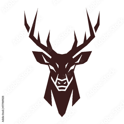 A stylized, geometric brown silhouette of a stag's head with large, prominent antlers on a white background.