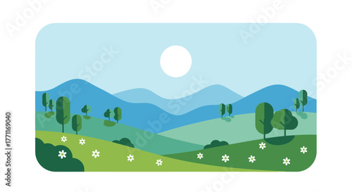 Peaceful countryside landscape featuring mountains trees a river and flowers