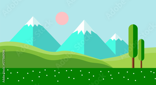 A peaceful landscape illustration featuring rolling hills and a bright sun