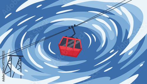 Cable car moving through swirling blue sky with clouds  