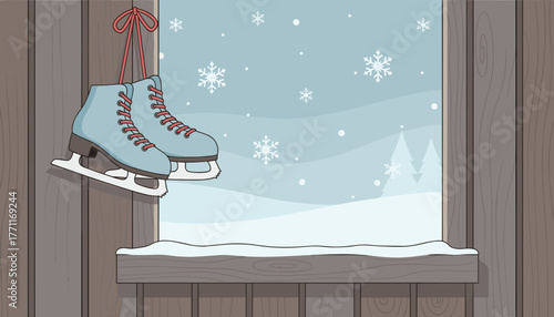 Ice skates hanging by a snowy window with winter scenery outside  