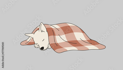 Cartoon dog sleeping under cozy checkered blanket on grey background  