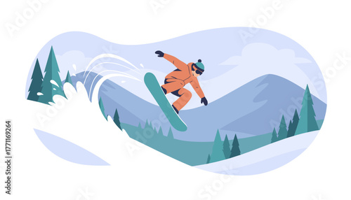 Snowboarder performing tricks on snowy mountain landscape  