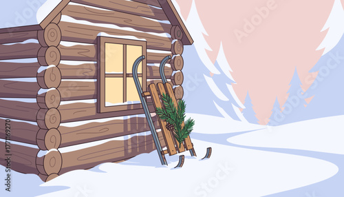 Cozy wooden cabin in winter with sleds in snowy landscape  