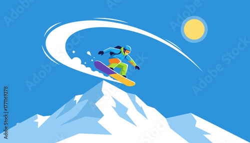 Snowboarder performing trick on snowy mountain under sunny sky  