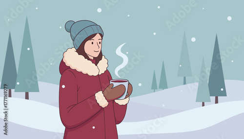 Young woman holding warm drink while standing in winter landscape  