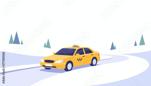 Yellow taxi driving on winding road in snowy winter landscape  