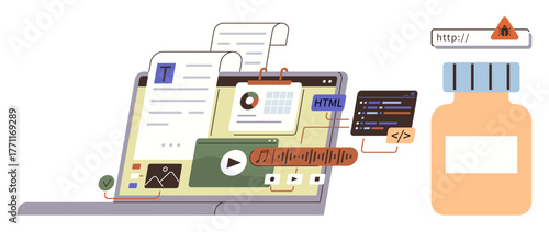 Laptop showcasing web content, coding snippets, document processing, and media formats connected to a security alert. Ideal for web development, technology, cybersecurity, workflow, collaboration