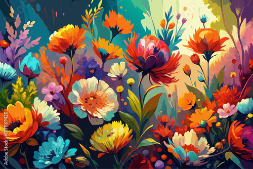 Vibrant Oil Painting Floral Abstract Background - Generative AI