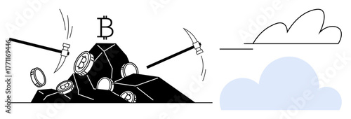 Pickaxes breaking into a pile of rocks with Bitcoin coins and symbol. Cloud in background. Ideal for cryptocurrency, mining, blockchain, digital finance, technology, decentralization, innovative