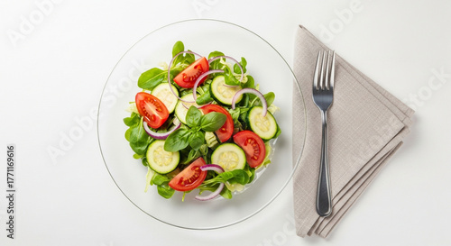 Wallpaper Mural Fresh vegetable salad with tomato, cucumber, and basil on a glass plate, top view flat lay on a white background Torontodigital.ca