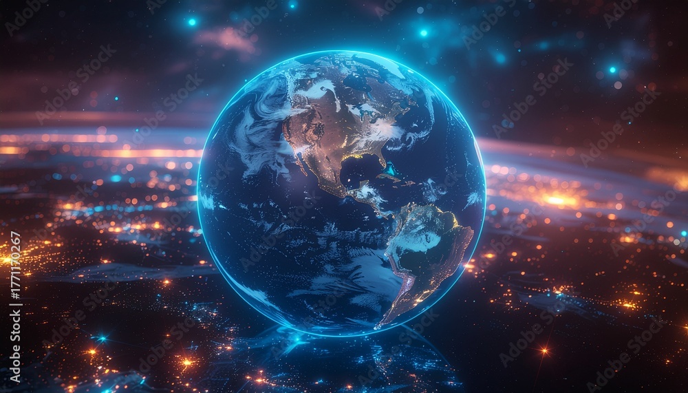 Obraz premium 3D abstract globe made of interconnected glowing neural nodes and lines, symbolizing global AI consciousness network