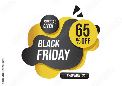 Promotional Black Friday advertising banner displaying a sixty five percent discount on a white background. Commerce concept