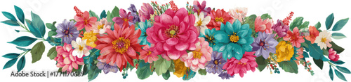
A long arrangement of various types of beautiful, colorful flowers in bloom. Design for greeting cards and invitations for weddings, birthdays, Valentine's Day, Mother's Day, and other holidays.