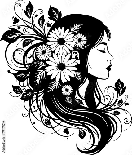 Dreamer girl in beautiful flowers. Monochrome portrait of a young woman surrounded by white flowers. EPS version.
