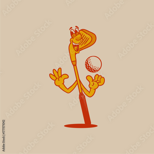 Groovy golf stick and ball character in retro cartoon. Mascot, vector, icon, collection, sticker, vintage, illustration, set, funny, logo, comic, editable, sport