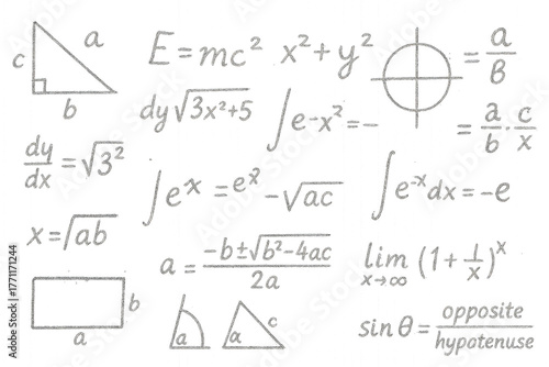 Mathematical formulas and equations scattered randomly on transparent background. Mathematical formulas and scientific equations