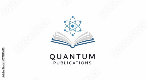Quantum Publications logo design featuring an atom over an open book.