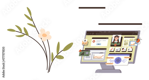 Monitor displaying profile, graphs, messages, and productivity tools. Delicate flower branch nearby. Ideal for productivity, design, nature, multitasking digital tools creativity balanced work