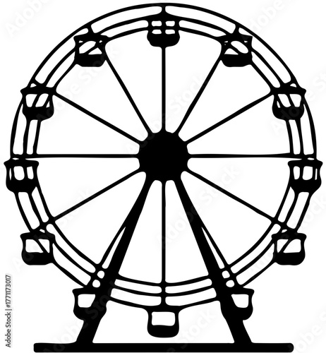 Ferris wheel amusement park ride icon. Black outline symbol of entertainment attraction. Flat design for fun fair poster.