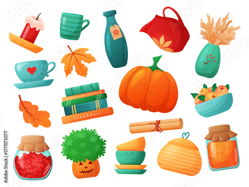 Autumn collection. homemade treats with fall decor, comfy autumn kitchen setting with seasonal treats and decorations