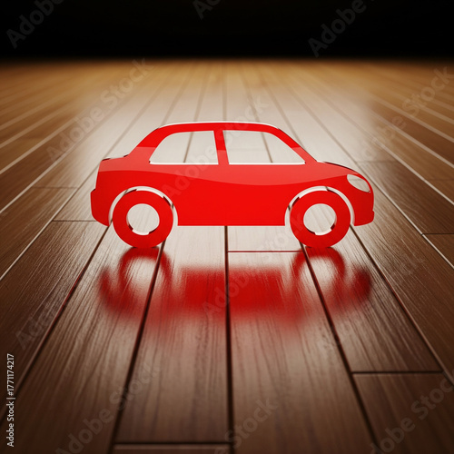 Bright red toy car icon on wooden floor