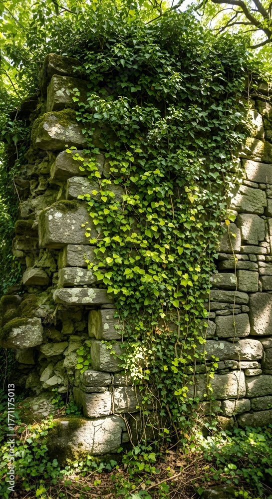 Fototapeta premium Ancient stone wall overgrown with lush green ivy and moss surrounded by foliage