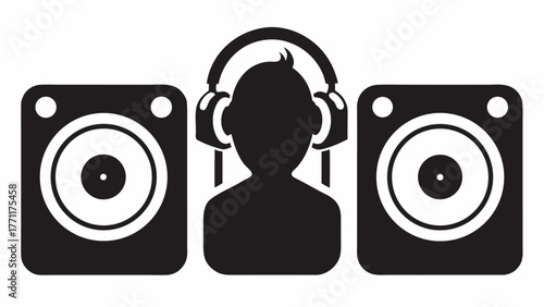 Music lover immersed in sound with headphones between stereo speakers, perfect for audio production, DJ, or music store promotions and creative projects