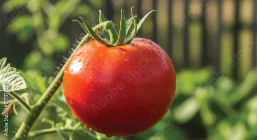 Fresh ripe tomato growing in a garden with water droplets glistening in the sunlight