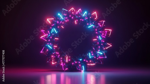 Abstract Neon Geometric Ring Shape Glowing With Pink And Blue Lights On Dark Background, Generative AI.