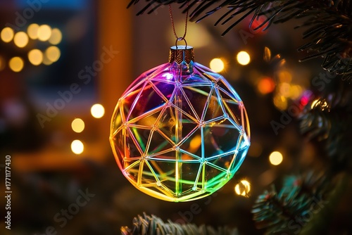 Colorful Geometric Christmas Ornament Hanging on a Tree with Bokeh Lights, Generative AI.