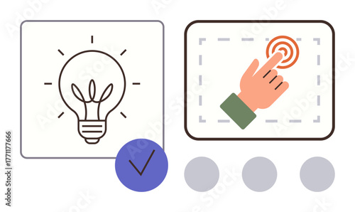 Light bulb icon next to a hand pressing a button, with checkmark and three circles below. Ideal for innovation, creativity, decision-making, technology, user interaction, ideas solutions. Simple