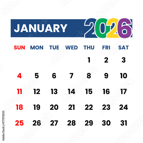 New Year 2026 Calendar: January Month Planner. Modern and Simple Design. January 2026 Monthly Calendar Template. Week Starts Sunday. Printable Desk Planner. 