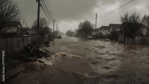 Floodwaters inundate a residential street under a grim sky.  Homes and cars are visible amidst the rising water. Debris floats on the surface