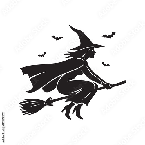 Halloween witch silhouette flying on a broomstick accompanied by bats against a dark background for festive design