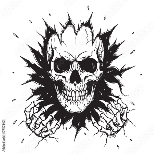 Menacing skull silhouette with skeletal hands bursting through a jagged surface in a dark aggressive illustration