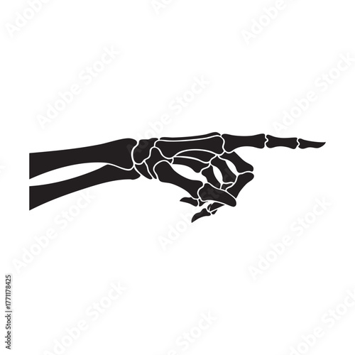 Skeleton hand silhouette pointing right with a bony finger indicating direction or a macabre warning