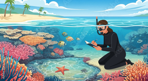 Underwater Biologist Documenting Marine Life in a Tropical Coral Reef Ecosystem