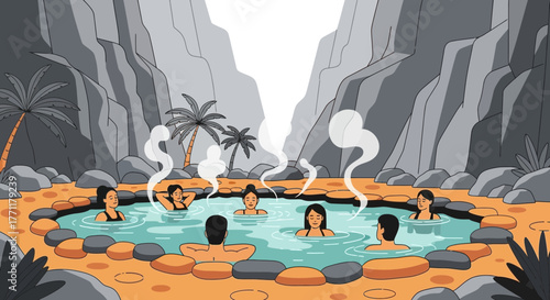 Tranquil escape: Cartoon illustration of people relaxing in a hot spring oasis