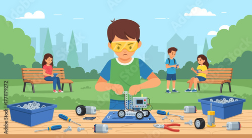 Engaging educational robotics: A dedicated young innovator builds a robot outdoors