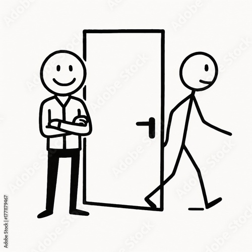 Stick figure character entering door with cheerful smile and confident posture illustration