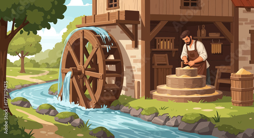 Rustic watermill scene with miller working, cartoonish, idyllic landscape illustration